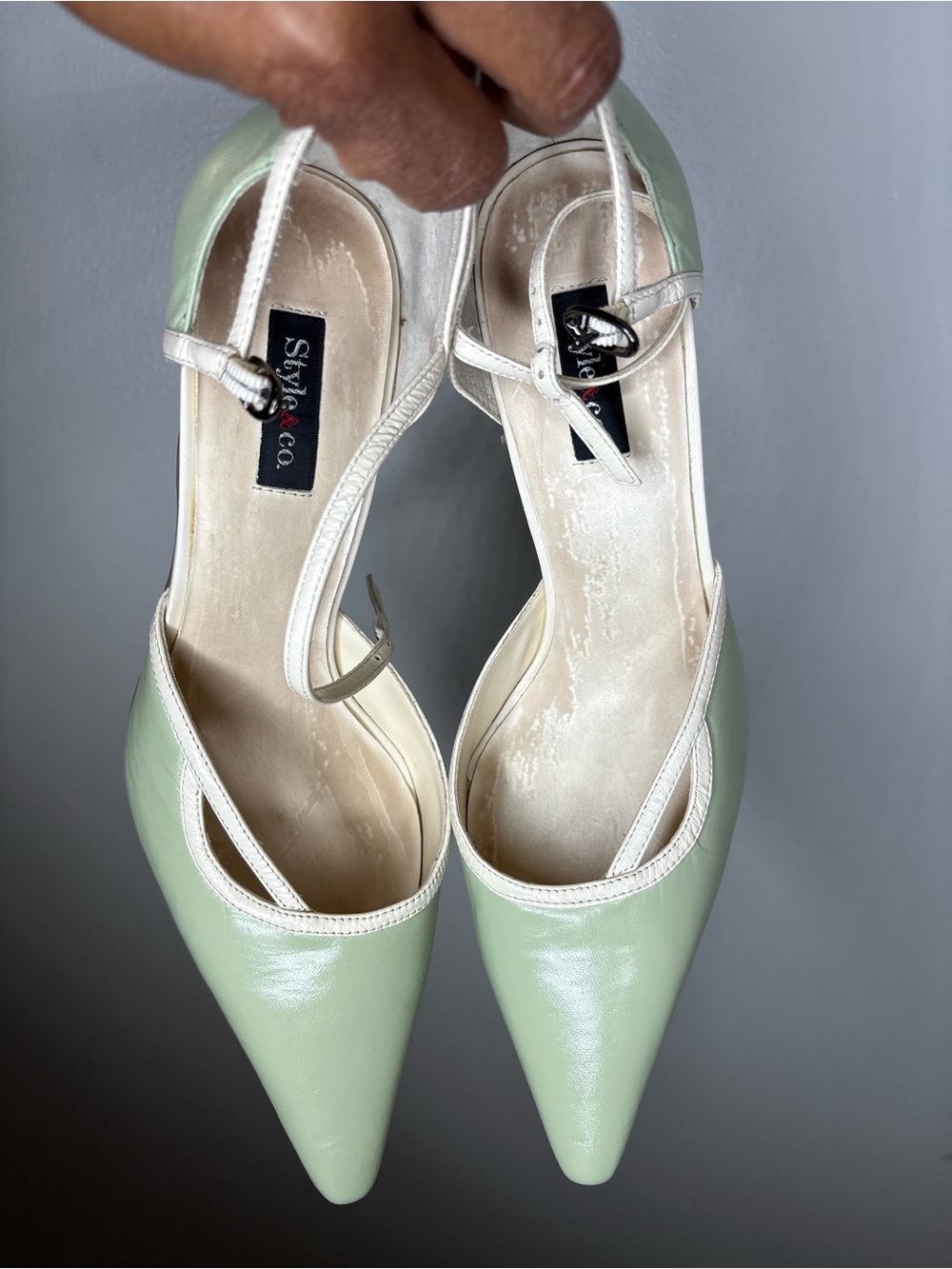 Style & Co. Mint Green Pointed-Toe Slingback Heels with White Trim